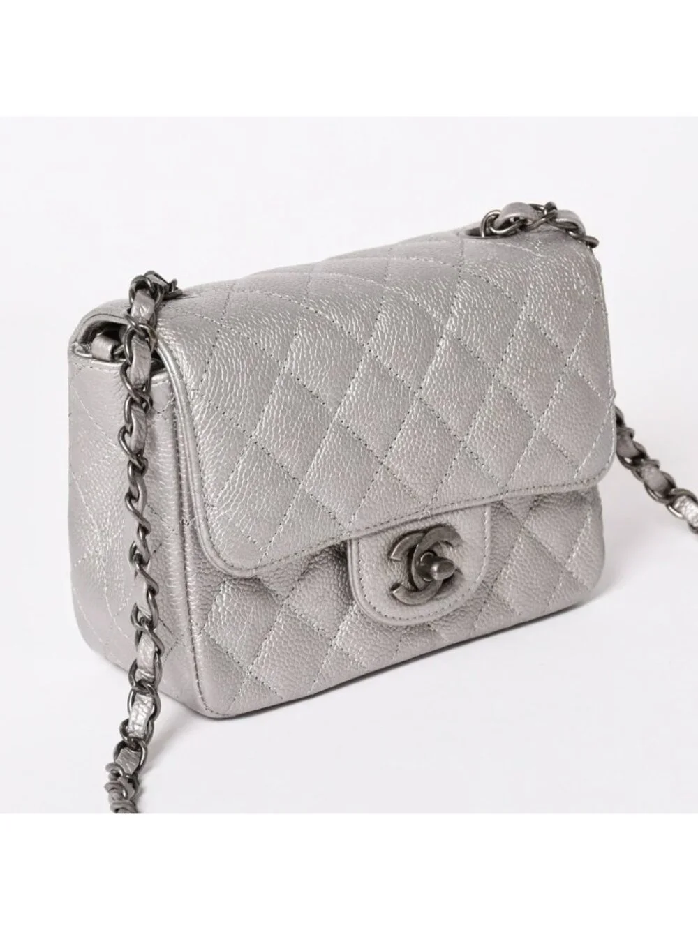 Chanel Mini Quilted 17 S Flap S Chain Shoulder Bag CC Logo Caviar Leather Silver